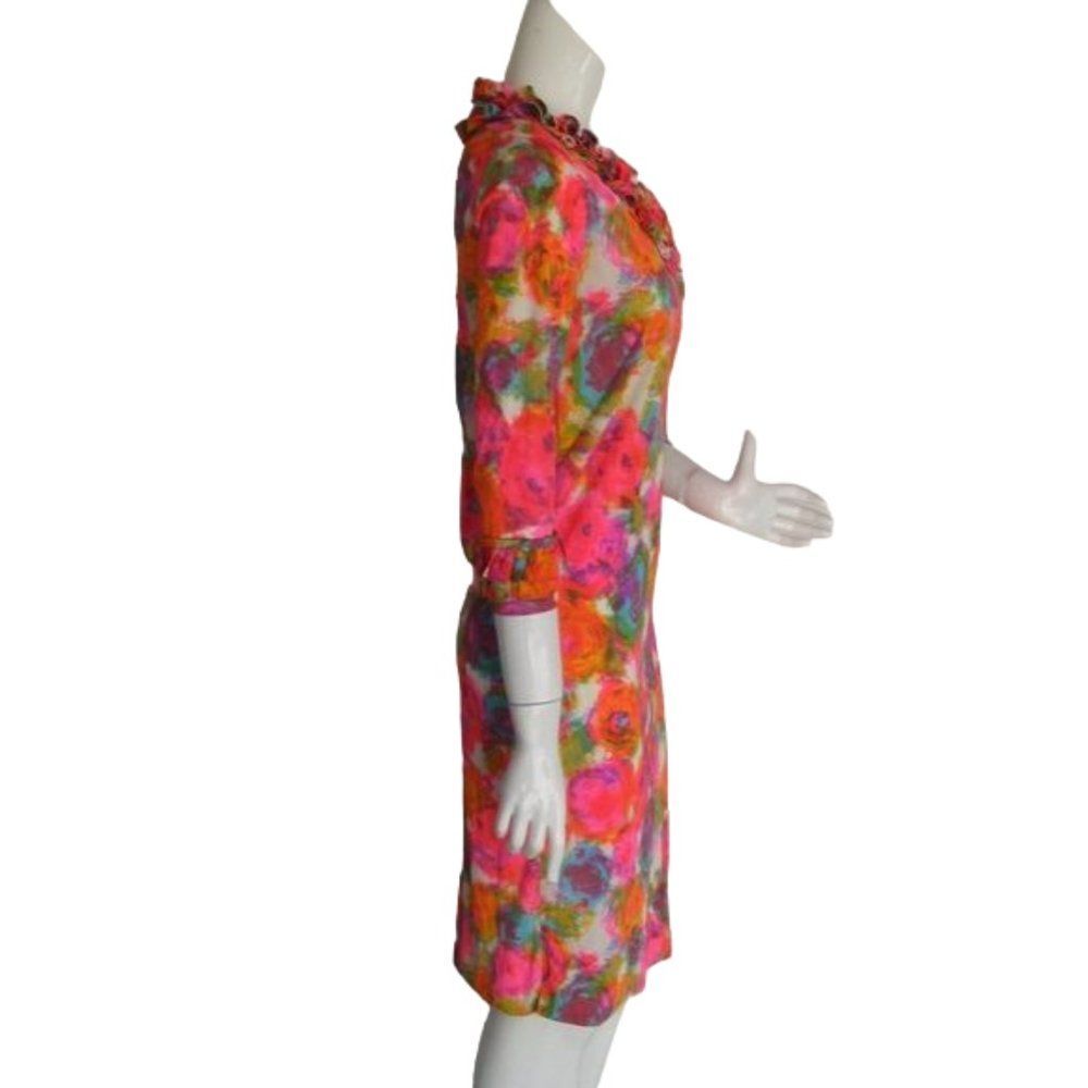 60's Vintage Dress, XS/S, Bright color, Ruffle neck/Cuffs, Abstract Floral - Picture 9 of 10